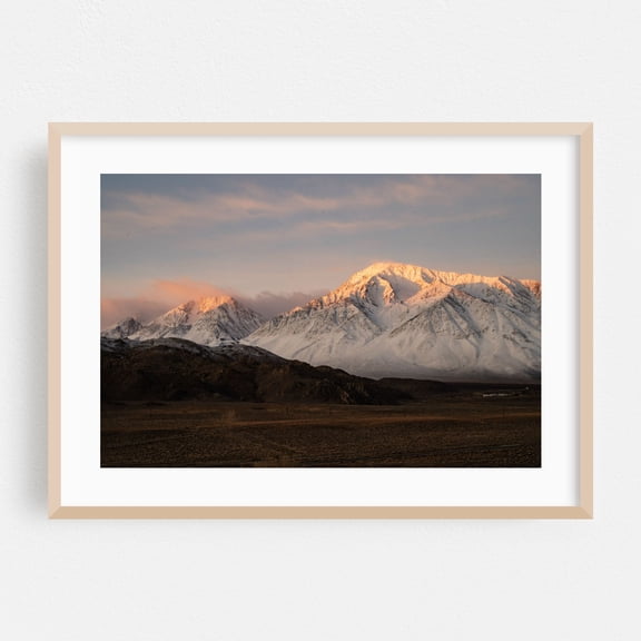 golden morning light snowy mountain peaks - Bishop California Photography Mountain Sunset Snow Nature Landscape Scenic Winter Oak Framed Wall Art Print 20 x 30 inches