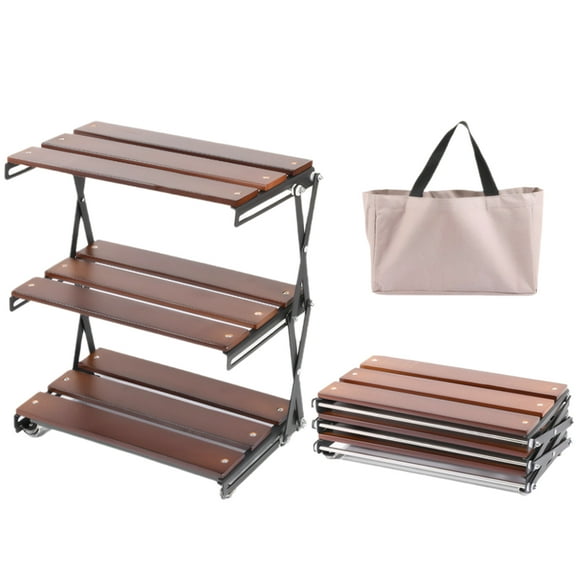 golytefs 3-Tier Foldable Wooden Camping Shelf with Metal Frame Portable Countertop Storage Rack Folding Camping Table for Outdoor Picnics Camping & Backyard