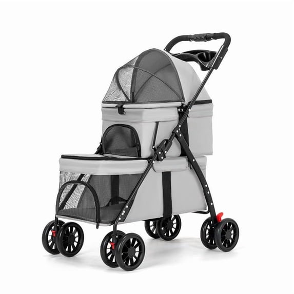 golytefs Double Pet Stroller for Small Cats And Dogs Foldable Kittens Puppies Travel Strolling Cart with Safety Belts Cup Holder & Lockable Wheels Dog Stroller Ideal for Multi-pet Families (Grey)