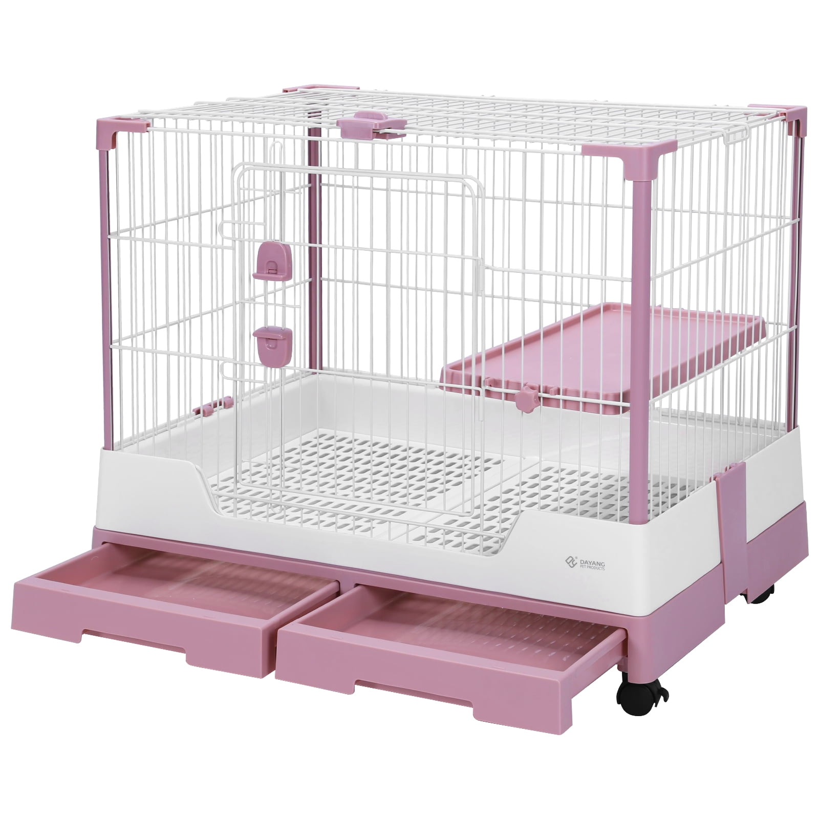 golytefs Gravity Lock Rabbit Cage with Pull Out Tray Wheeled Bunny Hutch Cage (Pink)