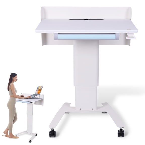 golytefs Standing Desk with Wheels Mobile Desk Workstation with Storage Tray Adjustable Height for Presentations And Public Speaking
