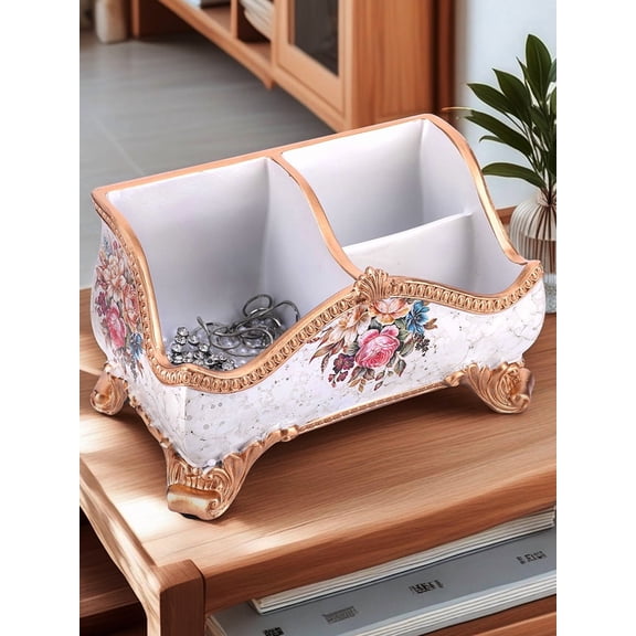 golytefs Vintage Floral Resin Tray Remote Control Holder & Desk Organizer Three Compartment Retro Remote Control Box Vanity Holder Desk Organizer Desktop Living Room Coffee Table Home Decor