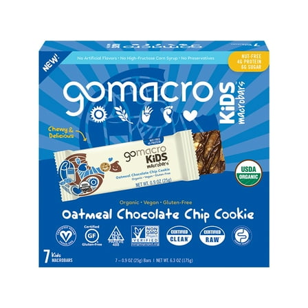 gomacro Kids Vegan Snack Bar, Oatmeal Chocolate Chip Cookie, 7 Ct, 6.3 Oz, Gluten-Free, Organic, Non-GMO
