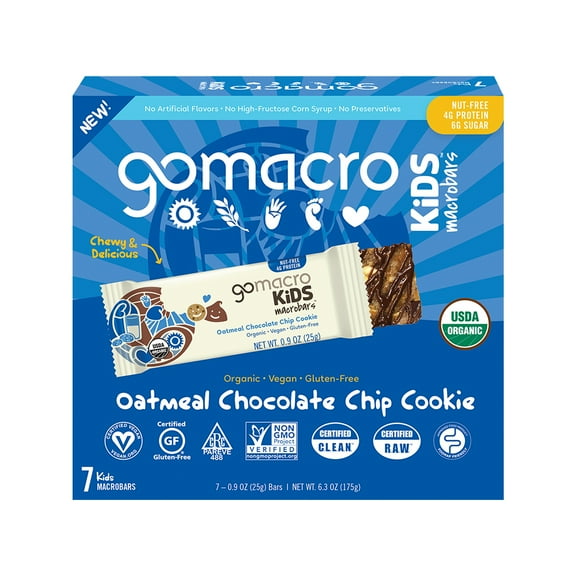 gomacro Kids Vegan Snack Bar, Oatmeal Chocolate Chip Cookie, 7 Ct, 6.3 Oz, Gluten-Free, Organic, Non-GMO
