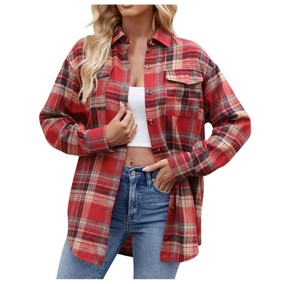 gong Plaid Flannel Shirts for Women Casual Loose Long Sleeve Shacket Jacket Womens Plaid Button Down Shirt Top Womens Fall Fashion 2025