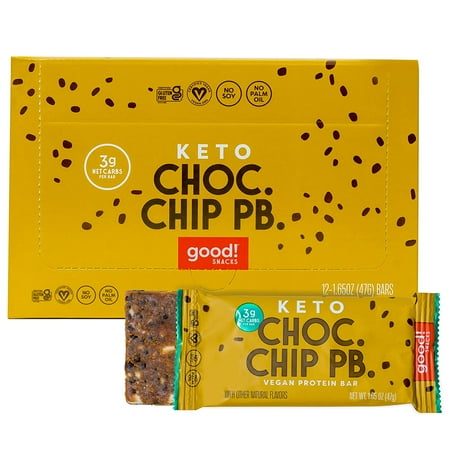 good! Snacks Keto Vegan Protein Bars, Chocolate Chip Peanut Butter, Gluten Free Keto Snack Bar, Low Carb, Low Sugar Meal Replacement, High Protein Healthy Snacks, 11g Protein, 3g Net Carbs, 12 Bars