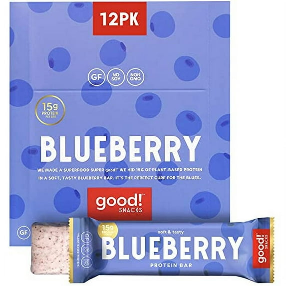 good! Snacks Vegan Protein Bars, Blueberry Bar, Gluten-Free, Plant-Based, Low Sugar, High Protein 15g Meal Replacement Bar, Kosher, Soy Free, Non Dairy, Non GMO, Vegetarian (12 Bars)