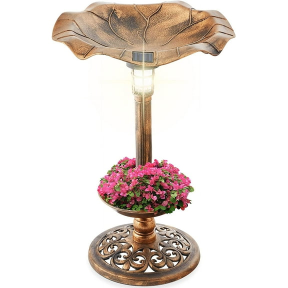 good fortune Outdoor Solar Lighted Pedestal Bird Bath Fountain Decoration w/Planter, Integrated Panel, Scroll Accents for Lawn, Garden - Bronze