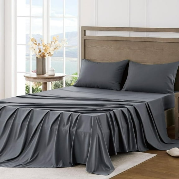 good fortune Queen Sheet Set - Ultra Soft Sheets for Queen Size Bed - Brushed Microfiber - Deep Pockets - Easy Care - Cooling & Breathable - 4 Pieces Hotel Luxury Queen Bed Sheets (Dark Grey)