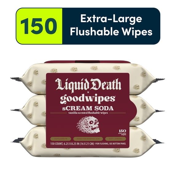 goodwipes Flushable Butt Wipes, Liquid Death sCream Soda Scented, 3 Pack, 150 Total XL Wipes
