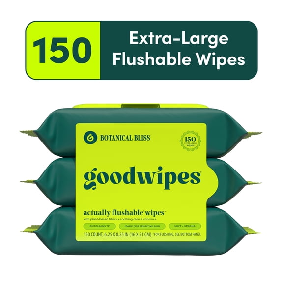 (4 pack) goodwipes Flushable Butt Wipes, Botanical Bliss Scented, 3 Pack, 150 Total Wipes