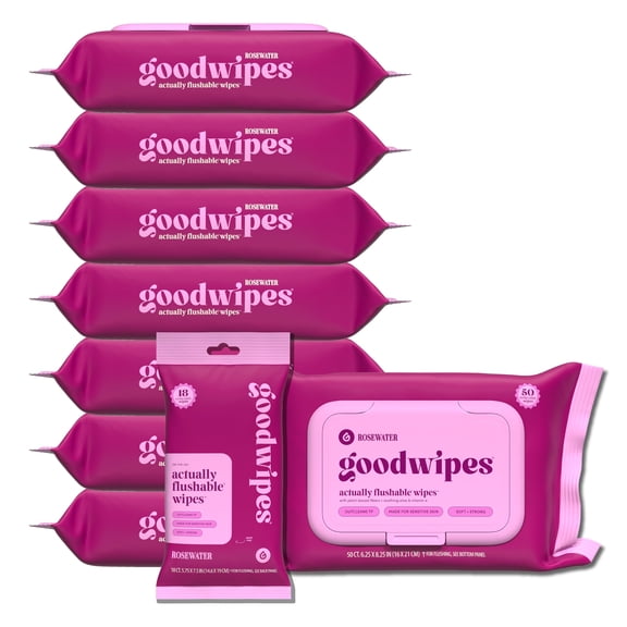 goodwipes Flushable Butt Wipes - Extra Large Adult Wet Wipes For Women & Men - Bathroom Essentials - Sewer & Septic Safe - Rosewater, 418 Count (8 Packs + 1 Travel)
