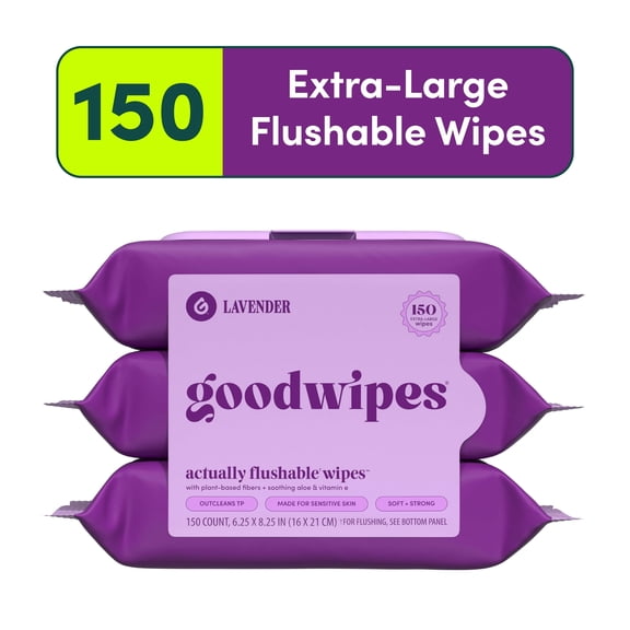 goodwipes Flushable Butt Wipes, Lavender Scented, 3 Pack, 150 Total Wipes