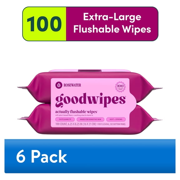 (6 pack) goodwipes Flushable Butt Wipes, Rosewater Scented, 2 Pack, 100 Total XL Wipes