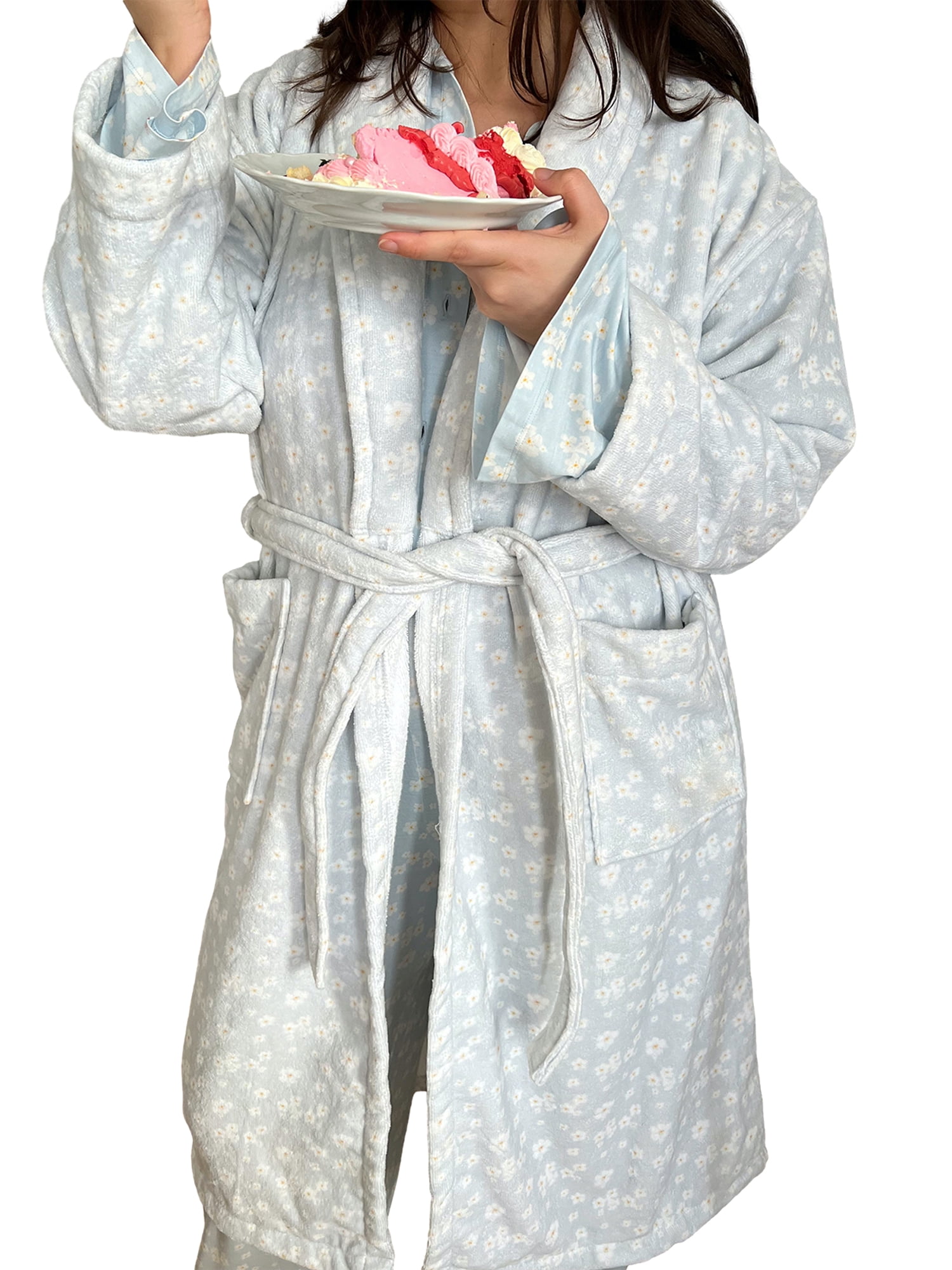 goowrom Women Dressing Gown Flannel Robe Floral Print Shawl Collar ...