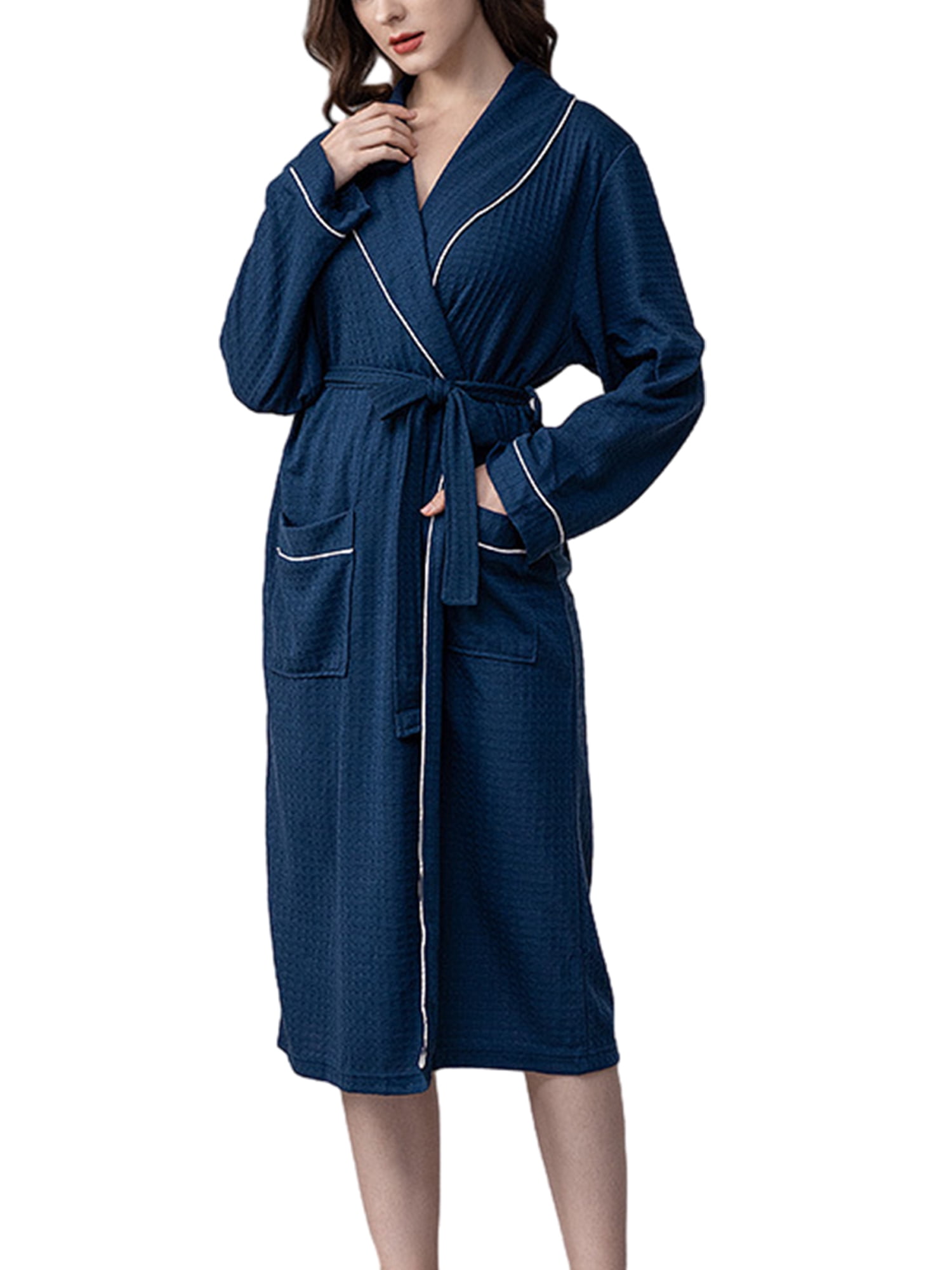 goowrom Women Dressing Gown Waffle Robe Patchwork Shawl Collar Bathrobe