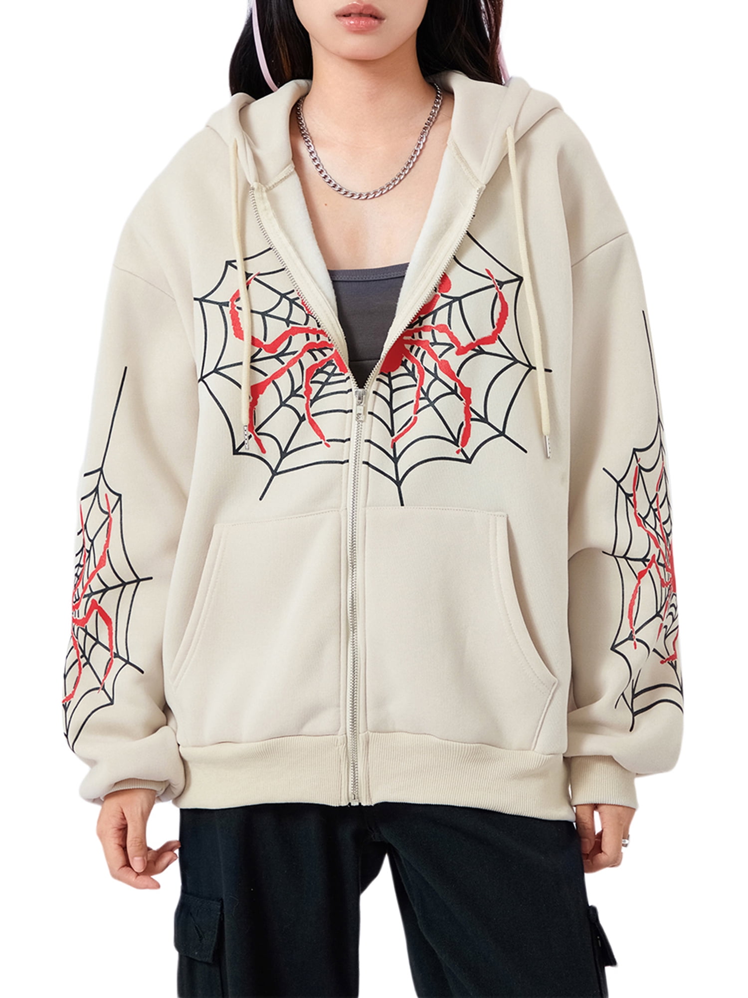 goowrom Women Y2K Spider Web Hoodies Punk Jackets Streetwear Goth Harajuku  Oversized Vintage Graphic Full Zip Up Hoodie