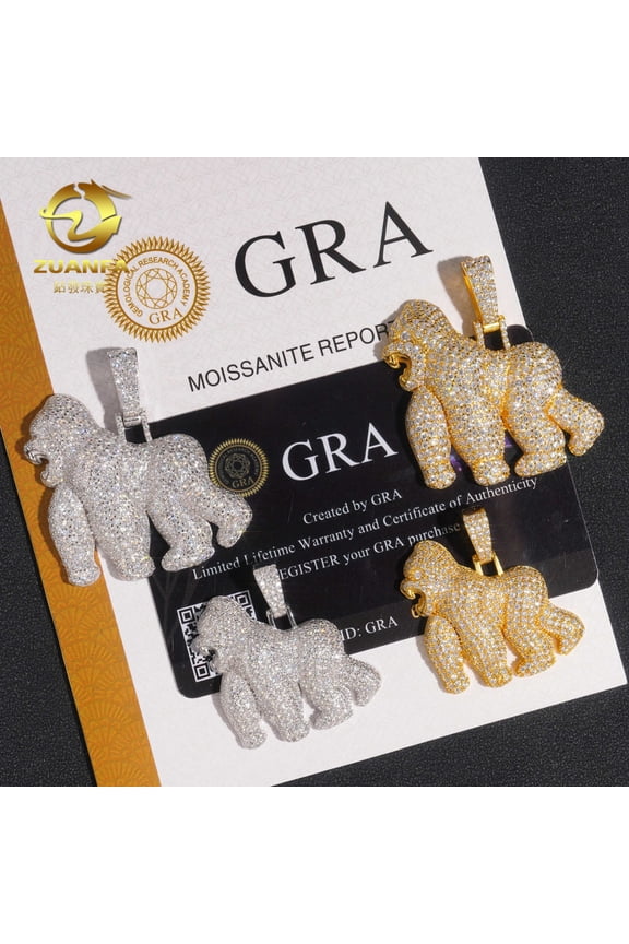A gorilla pendant, featuring a 925 silver D-color VVS moissanite stone inlaid with sterling silver, is a trendy hip-hop necklace accessory that outperforms a diamond tester.