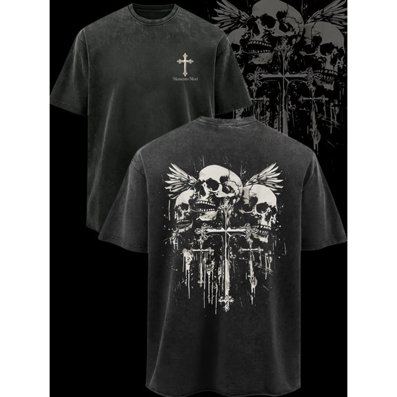 gothic streetwear 230g washed t shirt vintage skull and cross wings graphic print with cross design 100 percent cotton heavyweight fabric men casual hip hop punk roc
