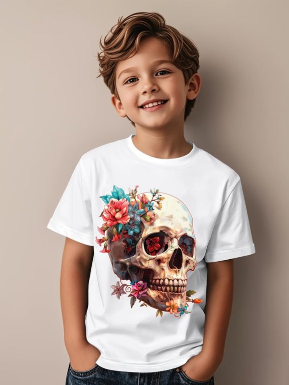 gothic style t shirt for kids with soft and breathable skull rose designs patterned t shirt for boys and girls