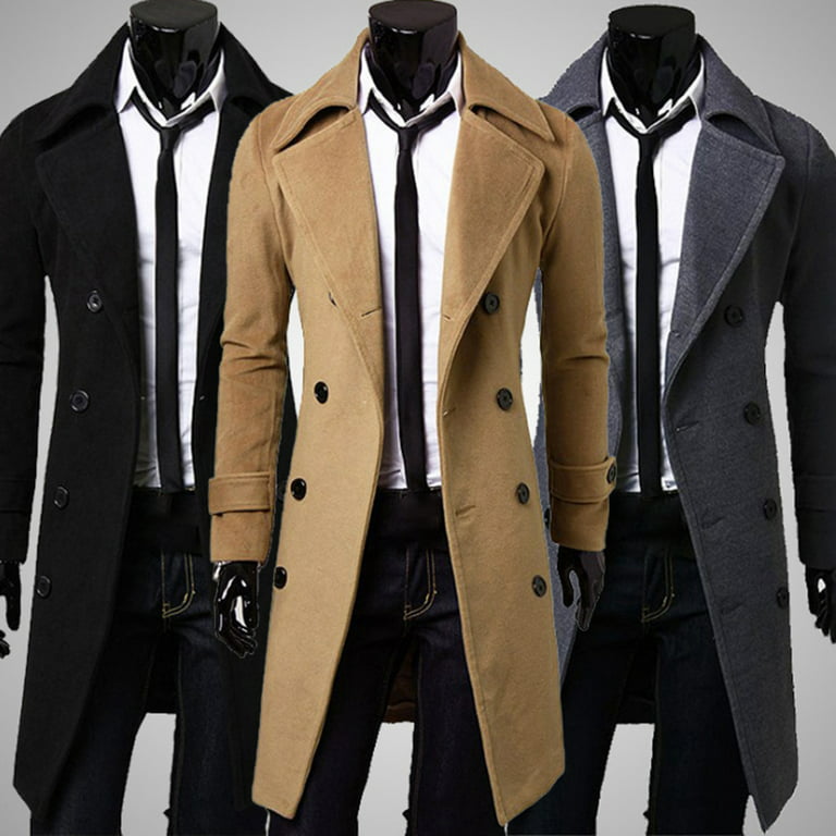 gotofar Long Trench Coat Double-breasted Solid Color Autumn Winter  Windproof Thick Jacket for Daily Wear