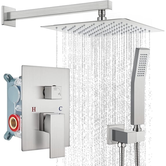 gotonovo 12 Inch Rain Shower System Brushed Nickel Luxury High Pressure Shower Head Bathroom Shower Faucet Set Hand Held Spray Rough-in Valve and Shower Trim Included