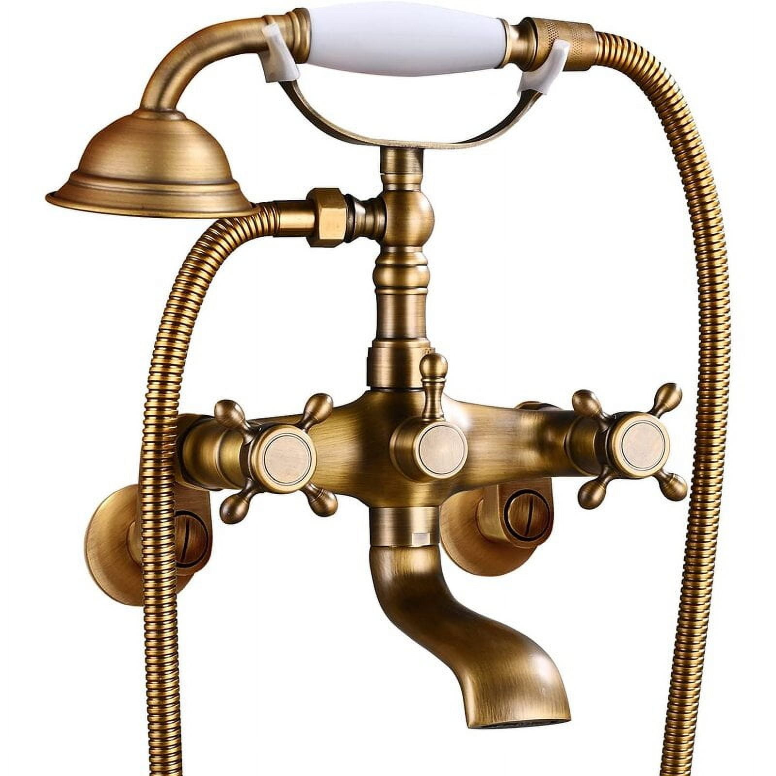 gotonovo Antique brass Clawfoot Bathtub Faucet Wall Mount Hand Held Shower Faucet Set Double cross Handle with 6 Inch Center with Adapter Adjustable Swing Arms