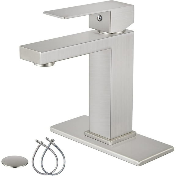 gotonovo Brushed Nickel Bathroom Sink Faucet 1 Hole Single Handle Deck Mount Lavatory Mixer Tap Include Pop Up Drain with Overflow and Cover Plate One Lever Stainless Steel SUS304 Commercial