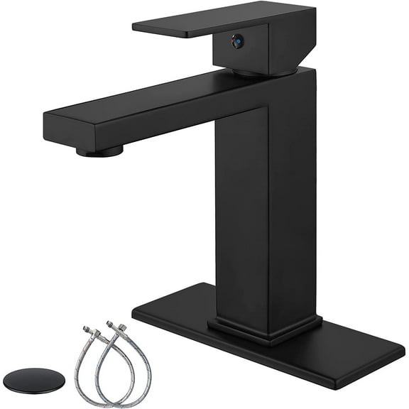 gotonovo Matte Black Bathroom Sink Faucet 1 Hole Single Handle Deck Mount Lavatory Mixer Tap Include Pop Up Drain with Overflow and Cover Plate One Lever Stainless Steel SUS304 Commercial