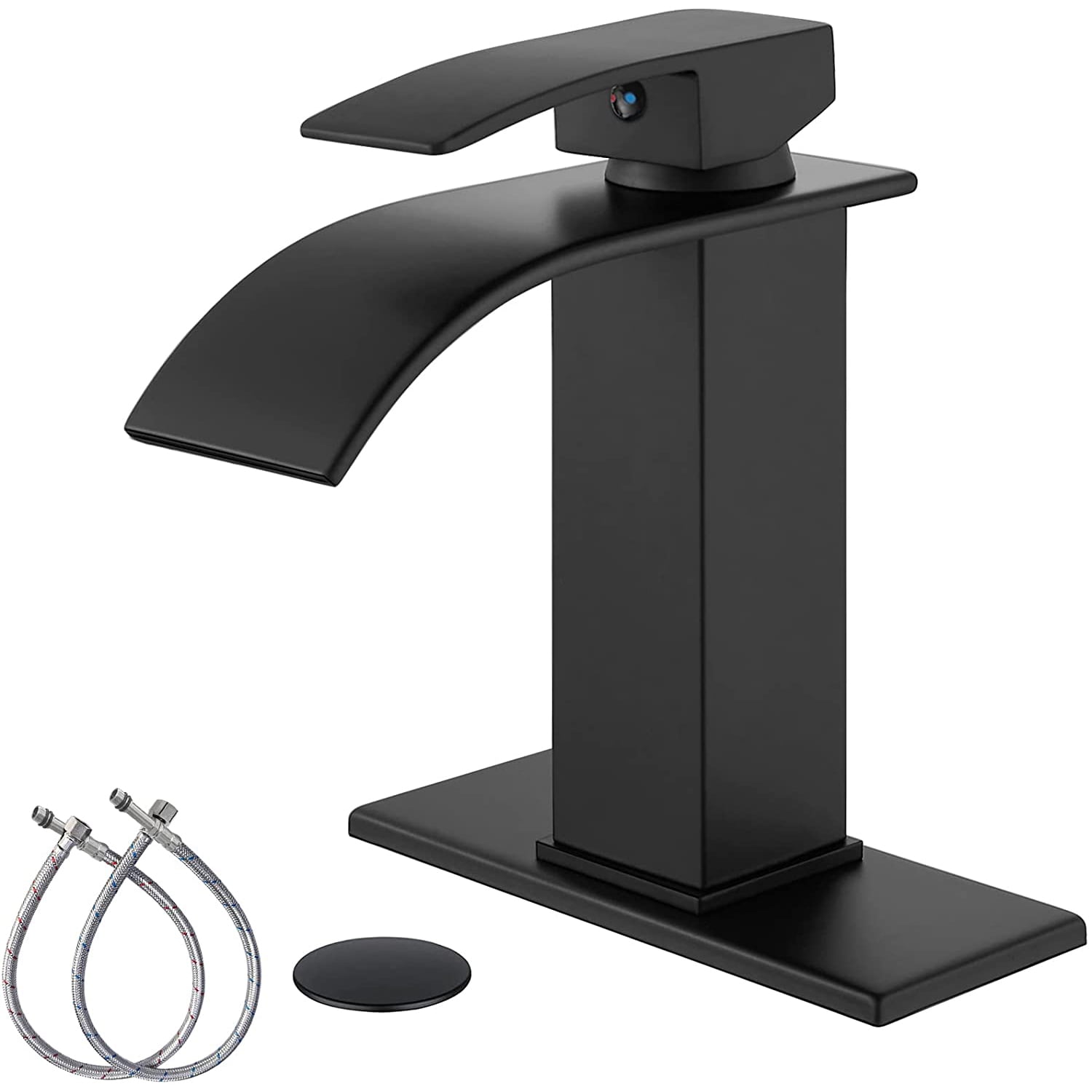 gotonovo Matte Black Bathroom Sink Faucet Waterfall Spout Single Handle 1 Hole Deck Mount Mixer Tap Lavatory Vanity Sink Faucet Commercial with Deck Plate and Pop Up Drain