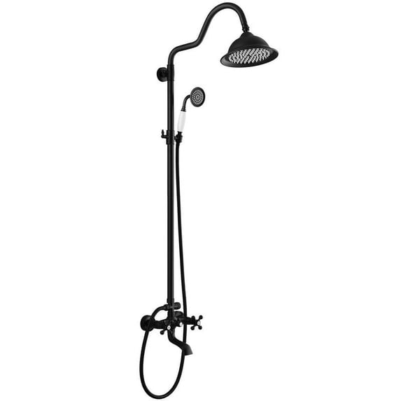 gotonovo Matte Black Exposed Shower Brass Pipe Shower Faucet Bathroom Shower Combo Set Rainfall Shower Head Handheld Spray Bathtub Shower 8 Inch 3 Function Vintage Wall Mounted Double Cross Knobs