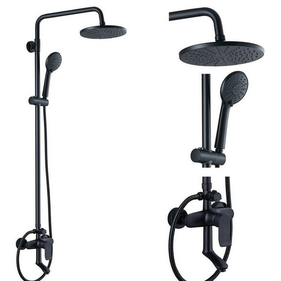 gotonovo Matte Black Shower System 3 Function Brass Bathroom Shower Faucet Combo Set 8 Inch ABS Round Rainfall Showerhead with ABS Handheld Sprayer Wall Mount Adjustable Slide Bar Tub Spout