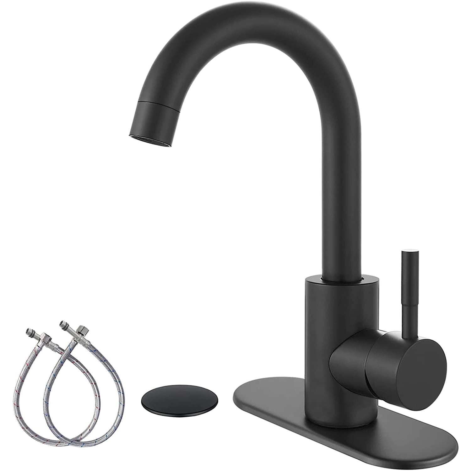 gotonovo Matte Black Single Handle Bathroom Sink Faucet, Wet Bar Pre-Kitchen Farmhouse RV Small Vanity Faucet with 360°Rotation Spout with Deck Plate, Supply Hoses and Drain Stopper