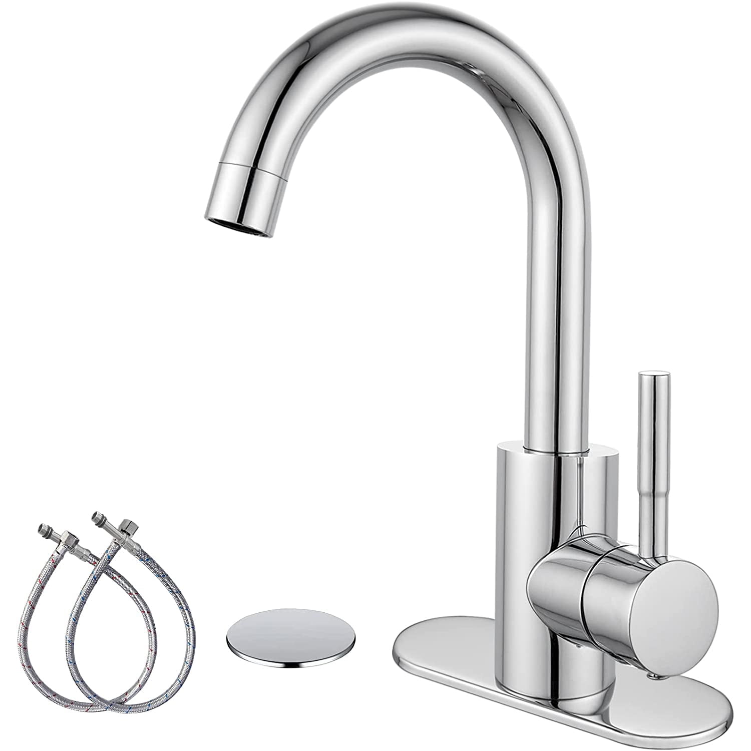 gotonovo Polish Chrome Single Handle Bathroom Sink Faucet, Wet Bar Pre-Kitchen Farmhouse RV Small Vanity Faucet with 360°Rotation Spout with Deck Plate, Supply Hoses and Drain Stopper