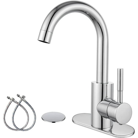 gotonovo Polish Chrome Single Handle Bathroom Sink Faucet, Wet Bar Pre-Kitchen Farmhouse RV Small Vanity Faucet with 360Rotation Spout with Deck Plate, Supply Hoses and Drain Stopper