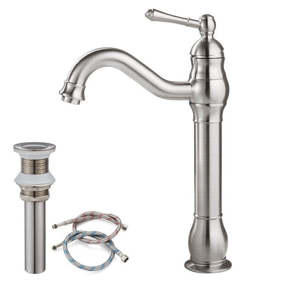 gotonovo Vessel Sink Bathroom Faucet Brushed Nickel Plated Brass Single Handle Lever One Hole 360 Degree High Body Spout Adjustable Water Hoses Deck Mount Vanity Bathroom Mixer Tap