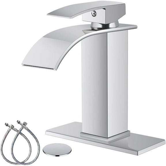gotonovo Waterfall Spout Bathroom Sink Faucet Polish Chrome Single Handle 1 Hole Deck Mount Basin Mixer Tap with Deck Plate Lavatory Vanity Sink Faucet Solid Brass Include Pop Up Drain with Overflow