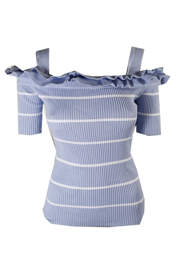 chambray white stripe striped ruffled cold-shoulder pullover m