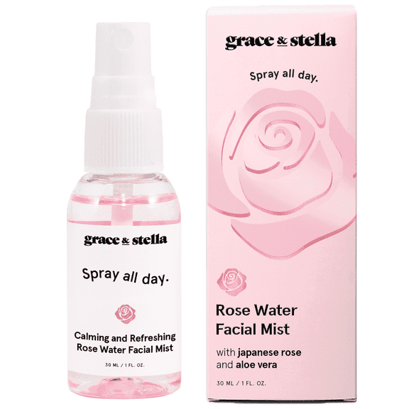 Grace & Stella Rose Water Spray, Hydrating Facial Mist with Glycerin and Aloe Vera, All Skin Types, 30 mL