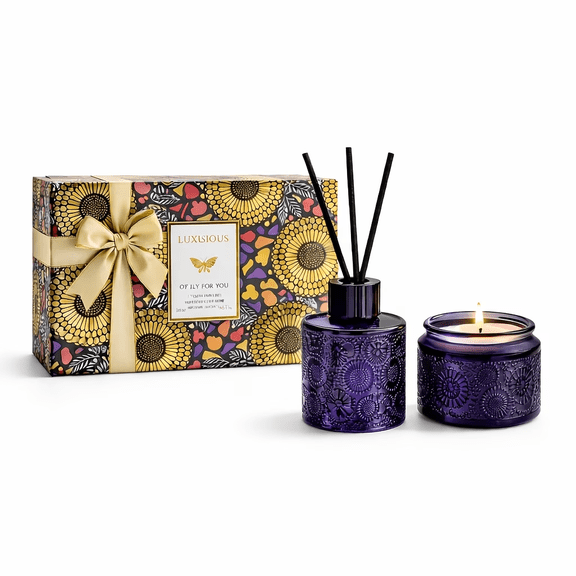 gracetop Lavender Scented Candle & Reed Diffuser Set, Purple Embossed Glass, Perfect Gift for Mother's Day, Birthday, Valentines Day, and Home Dcor