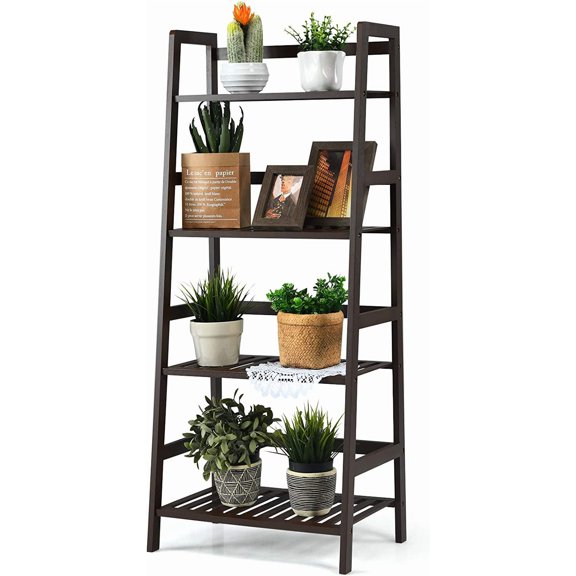 graffy 4-Tier Ladder Shelf  Stand, Bamboo Ladder-Shaped Bookcase Storage Shelves, Multifunctional Display Rack,  Stand Flower Pots Holder for Living Room/Bathroom/Bedroom (Espresso)