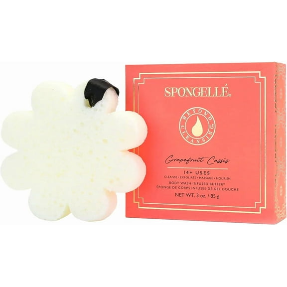SPONGELLÉ Flower Shower Body Wash Infused Buffer Soap Sponge Body Scrubber, Grapefruit Cassis, 3 oz