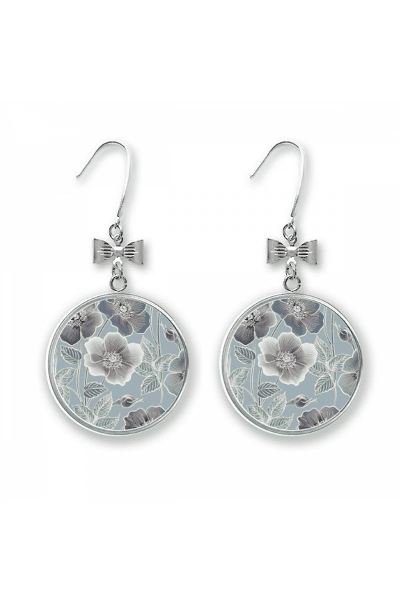 gray drawing art flower bow earrings drop stud pierced hook