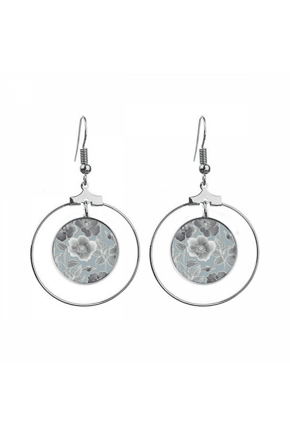 gray drawing art flower earrings dangle hoop jewelry drop circle