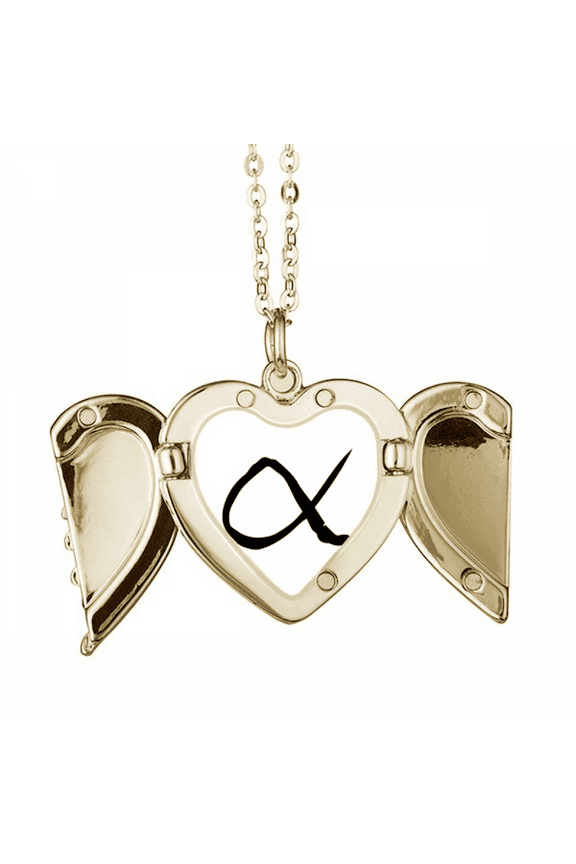 greek alphabet alpha black Folded Wings Peach Heart Pendant Necklace