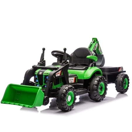 green 24V Kids Ride-On Electric Tractor Toy with 4-in-1 Construction Attachments (Excavator, Dump Truck & Bulldozer) w/Parent Remote Control,3-Speed Adjustable,Built-in Music Player,LED Tail-light
