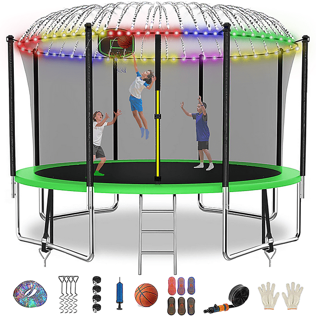 FIZITI Trampoline with Enclosure Net, Basketball Hoop,1500LBS 12FT 14FT 16FT Trampoline for 5-6 Kids Adults with Light, Sprinkler, Socks, Outdoor Heavy Duty Round Trampoline