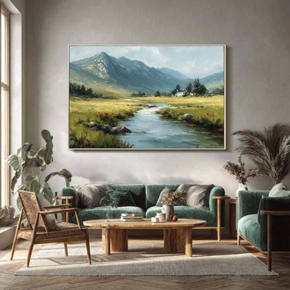 green blue landscape textured wall art impasto mountain on valley nature scene calm modern bedroom wall decor Poster Decor, Unframed Poster Size 12x18 F03.1.22l782