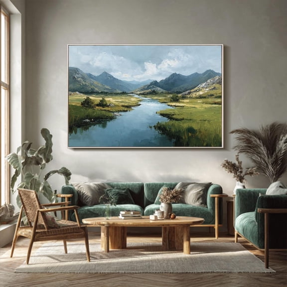 green blue landscape textured wall art impasto mountain on valley nature scene calm modern bedroom wall decor Poster Decor, Unframed Poster Size 24x36 F03.1.22l783