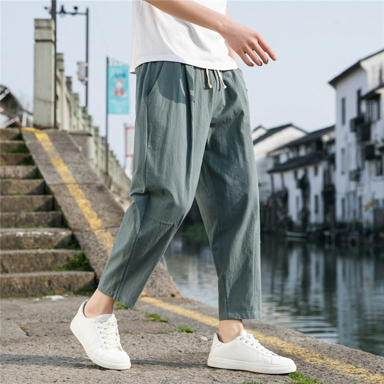 green pants for men mens spring and summer casual pants mens wild cotton  and linen loose linen pants korean version of the trend pants straight tube